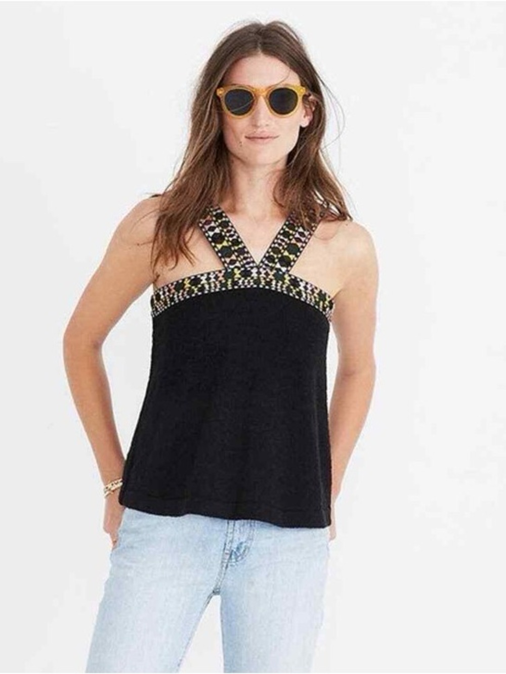Madewell Black Knit Tank with Multicolor Patterned Straps NWT size M